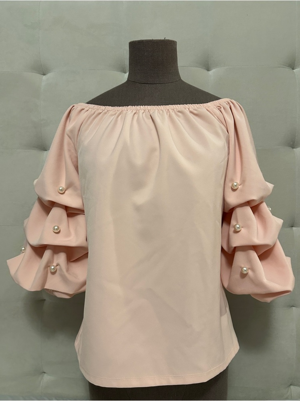 CeCe Pearl-Embellished Puff Sleeve Off-Shoulder Top - Light Pink